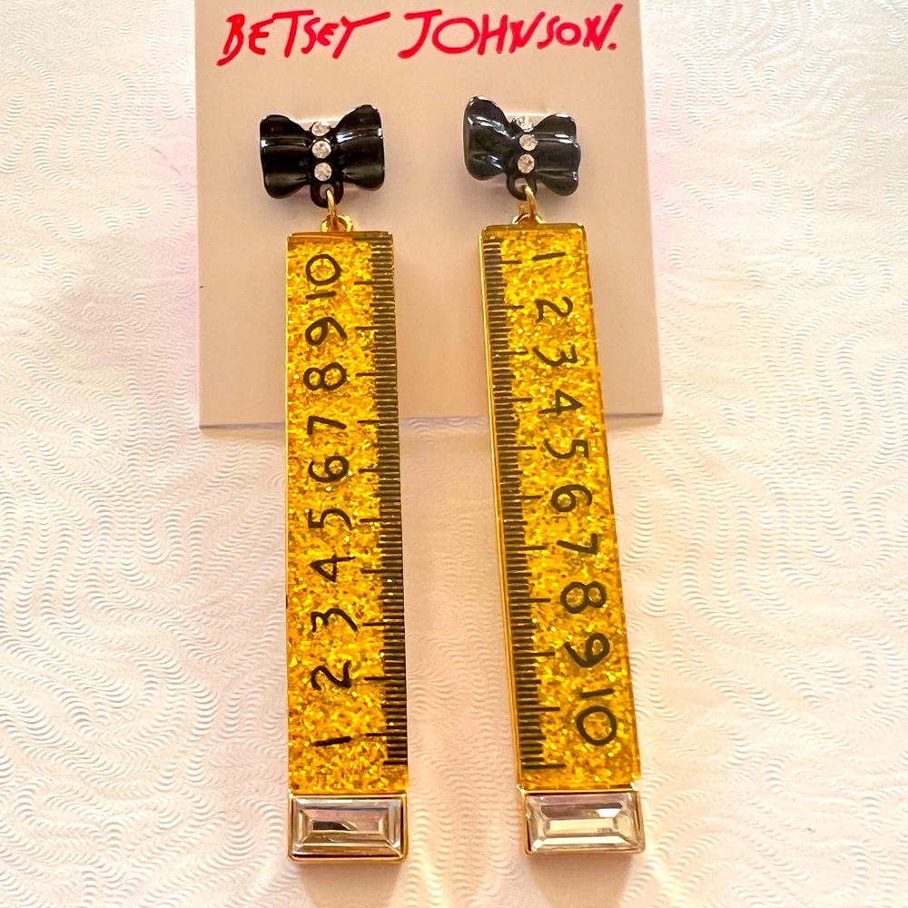 New Betsey Johnson BACK TO COOL RULER DROP EARRINGS GOLD - Picture 7 of 8